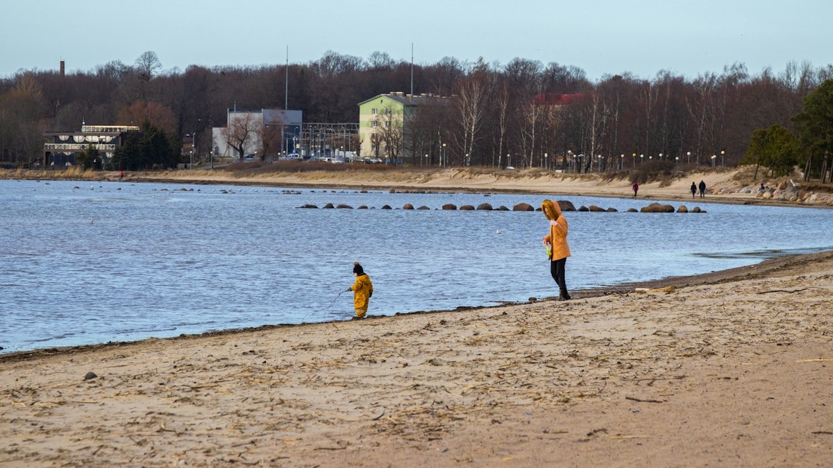 a couple of people standing on a beach next to a body of water